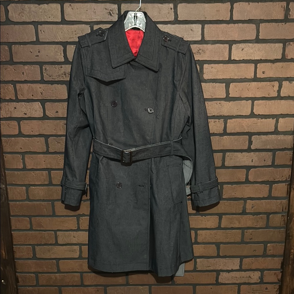 Joan Rivers Denim-like Trench Coat with Red Lining
